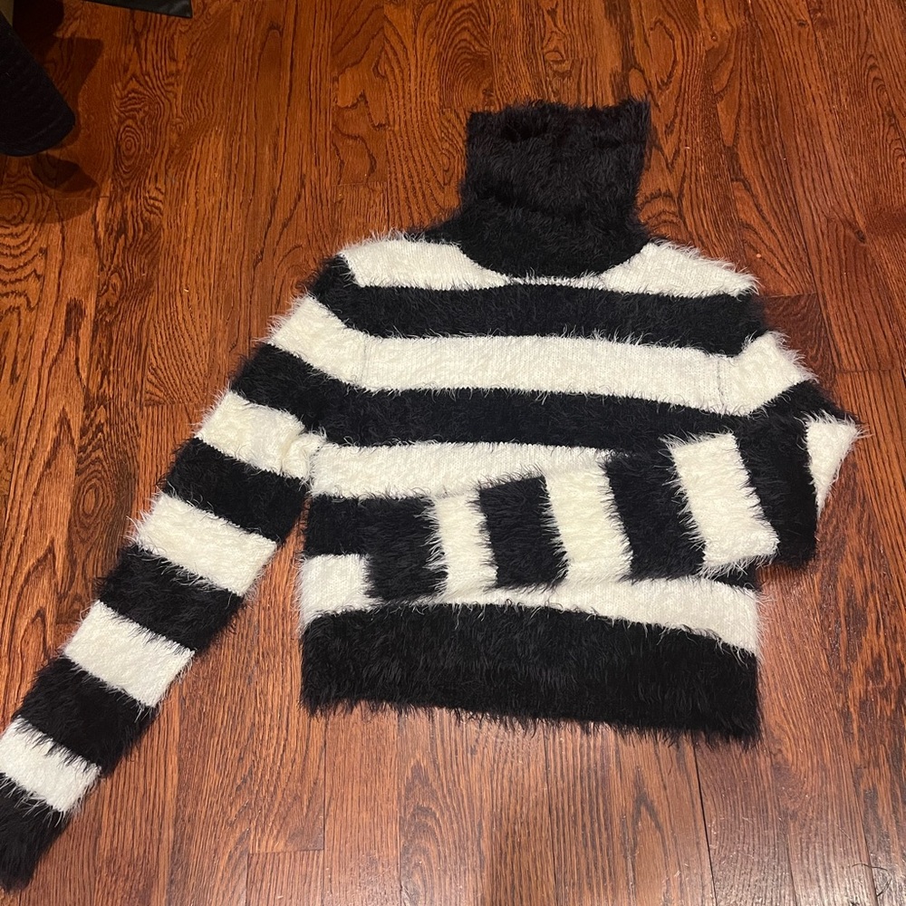 Bebe Striped Black and White Turtleneck Sweater